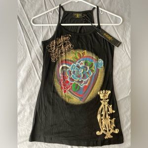 Christian Audigier Vintage Studded Black/Gold Tank Size L NWT